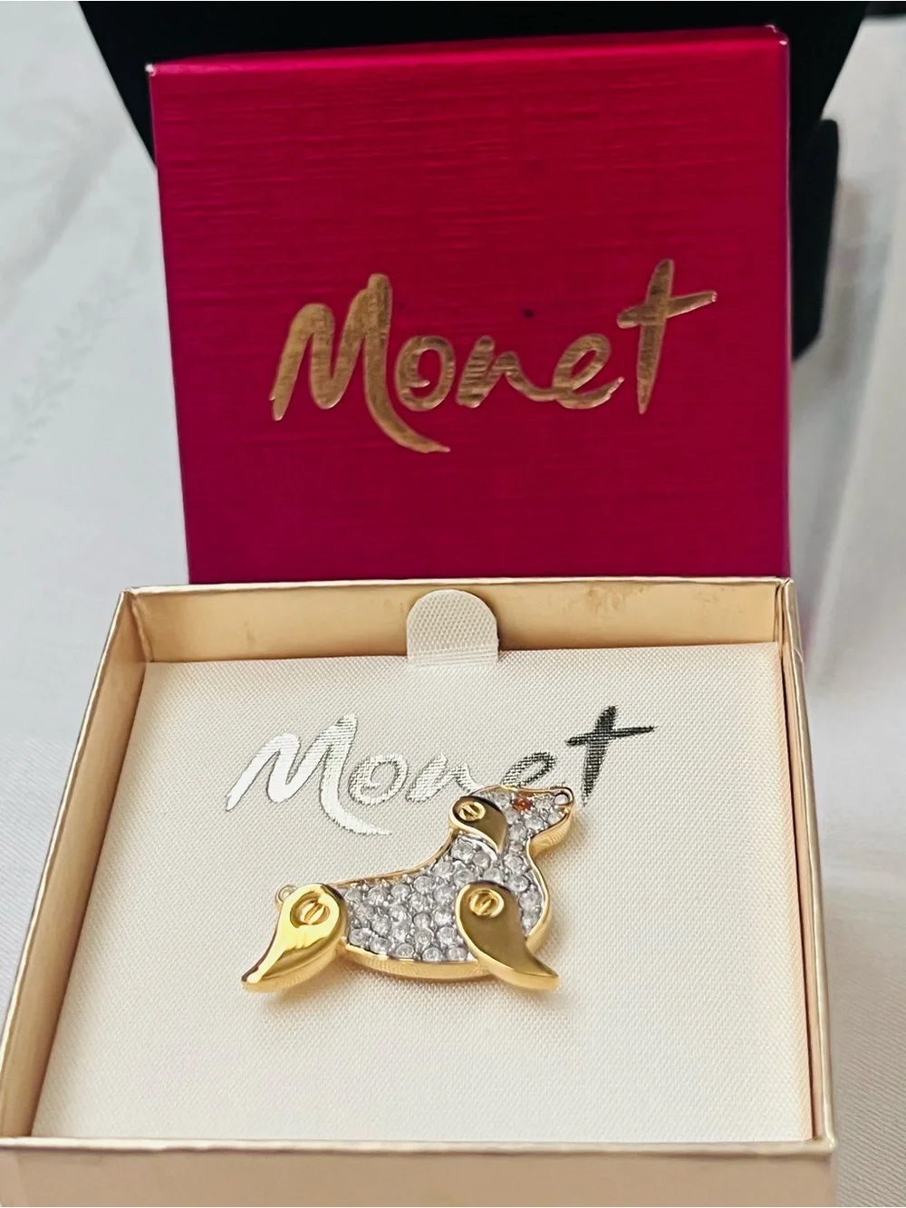Monet Gold and Clear Crystal Dog Brooch